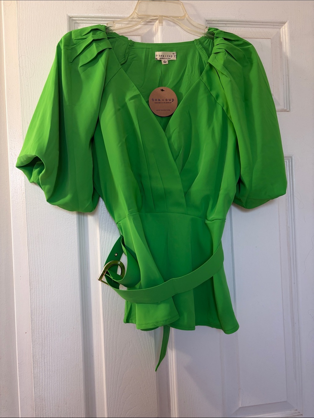 Tea n Cup Neon Green Puff Sleeve Wrap Blouse with Belt